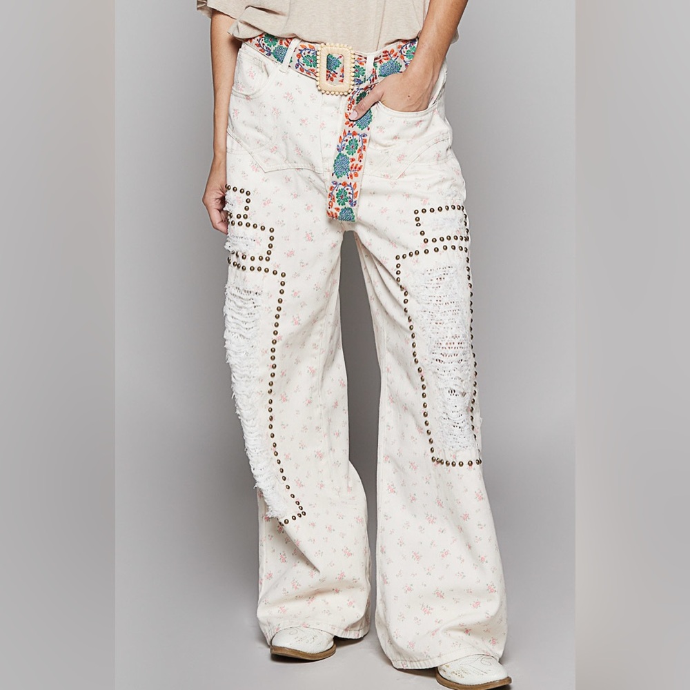 Embellished White Wide-Leg Pants